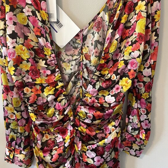 NWT GANNI Ruched Floral-Print Silk-Blend Satin Midi Dress Size 36 - Picture 12 of 12